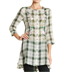 NWT Aratta Silent Journey Plaid Floral Embroidered Shirt Dress Large Corset Back